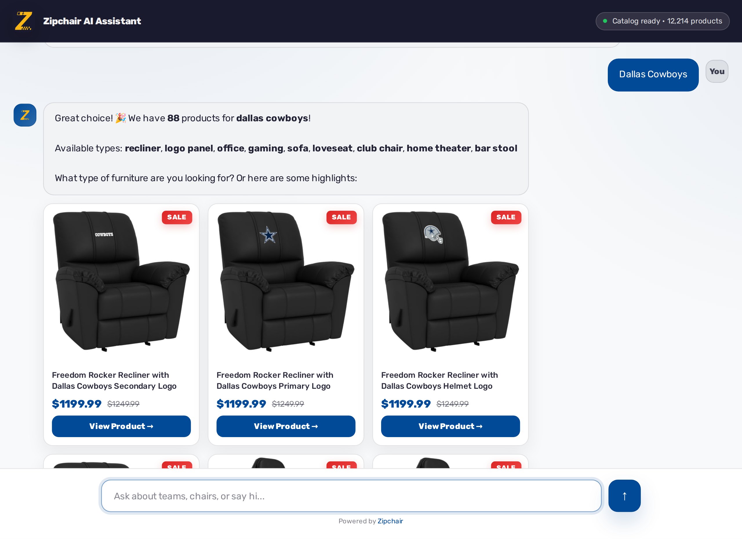 Zipchair AI Assistant: a fan picks Dallas Cowboys and the agent answers with 88 matching products, listing the furniture types and showing Cowboys recliners with sale prices